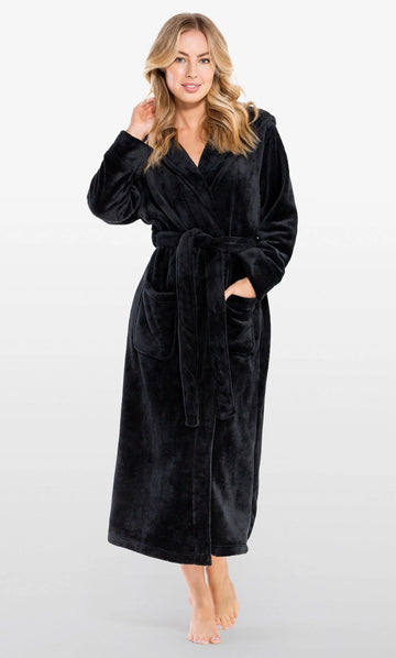 BLACK Unisex Soft Plush Fleece Hooded Bathrobe