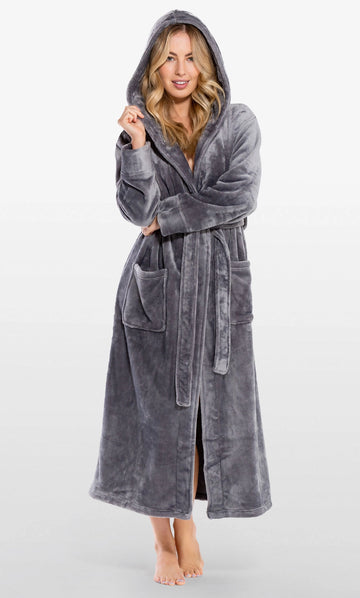DARK GREY Unisex Soft Plush Fleece Hooded Bathrobe