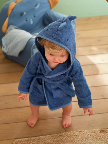 Dino Hooded Kids Bathrobe โ Blue (Ages 9 Months to 3 Years)