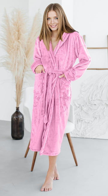 PINK Unisex Soft Plush Fleece Hooded Bathrobe
