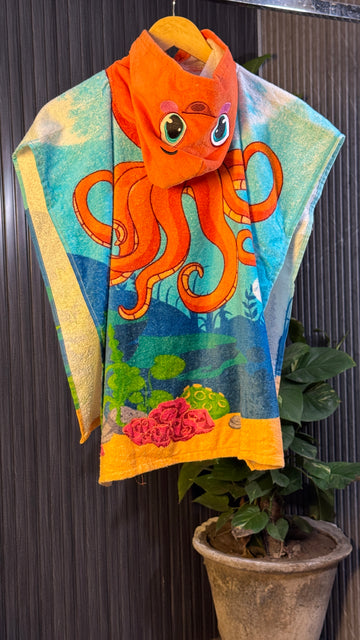 Kids Orange Octupus Character Hooded Ponchu