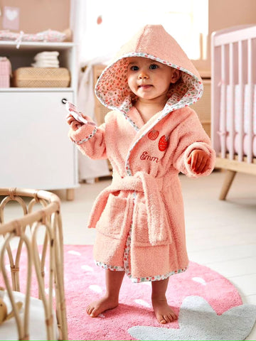 Strawberry Hooded Kids Bathrobe – Pink (Ages 9 Months to 3 Years)