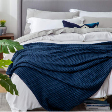 NAVY BLUE Cooling Cotton Waffle Blanket – Lightweight, Breathable Summer Blanket