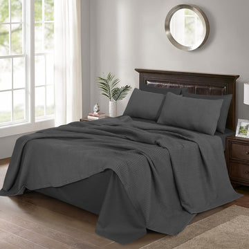 GREY 6-Piece Bed in a Bag – Waffle Blanket & Plain Sheet Set-King Size