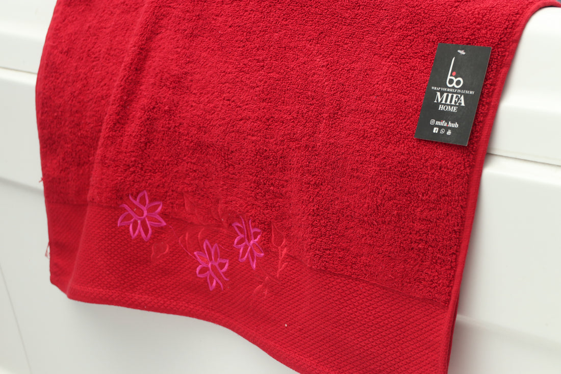 Red Premium Turkish Embroidery Bath Towel - 27 x 54 Inches