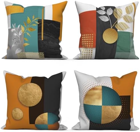 Gold and Teal Pillow Covers 16x16 and 18x18 Inch, Modern Nordic Style Throw Pillow Covers Orange and Black Decorative Linen Cushion Cases for Sofa Couch Car, Set of 4 (No Inserts)