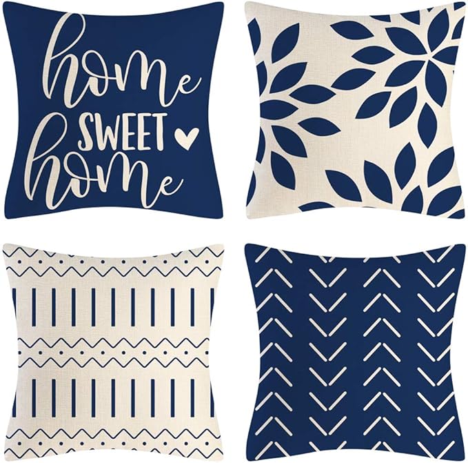 Blue Pillow Covers 16x16 and 18x18 Set of 4 Home Decorative Throw Pillow Covers Outdoor Linen Couch Throw Pillow Case for Sofa Chair Bed Living Room Décor