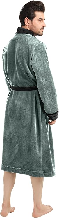 SILVER BLACK MULTI COLLAR Mens Soft Plush Fleece Hooded Bathrobe with Slippers