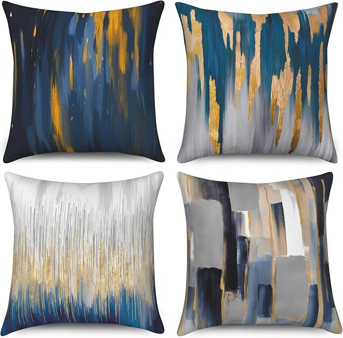 Blue and Gold Pillow Covers 16x16 and 18x18 Inch, Modern Abstract Minimalist Throw Pillow Covers Grey Nordic Style Decorative Linen Cushion Cases for Sofa Couch Car, Set of 4