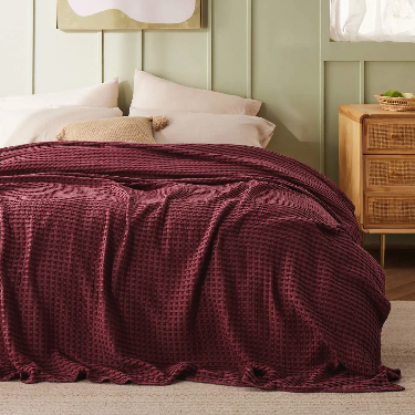 Maroon Double Cotton Waffle Blanket – Lightweight, Breathable Summer Blanket