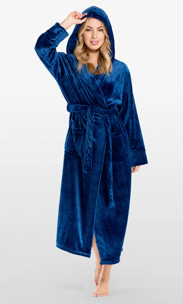 BLUE Unisex Soft Plush Fleece Hooded Bathrobe - Full-Length, Cozy Lounge Robe with Hood