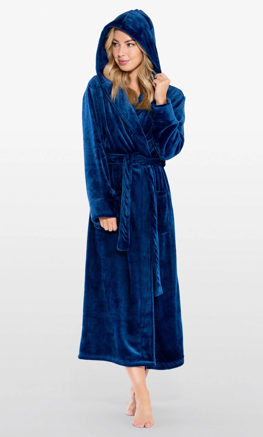 BLUE Unisex Soft Plush Fleece Hooded Bathrobe - Full-Length, Cozy Lounge Robe with Hood