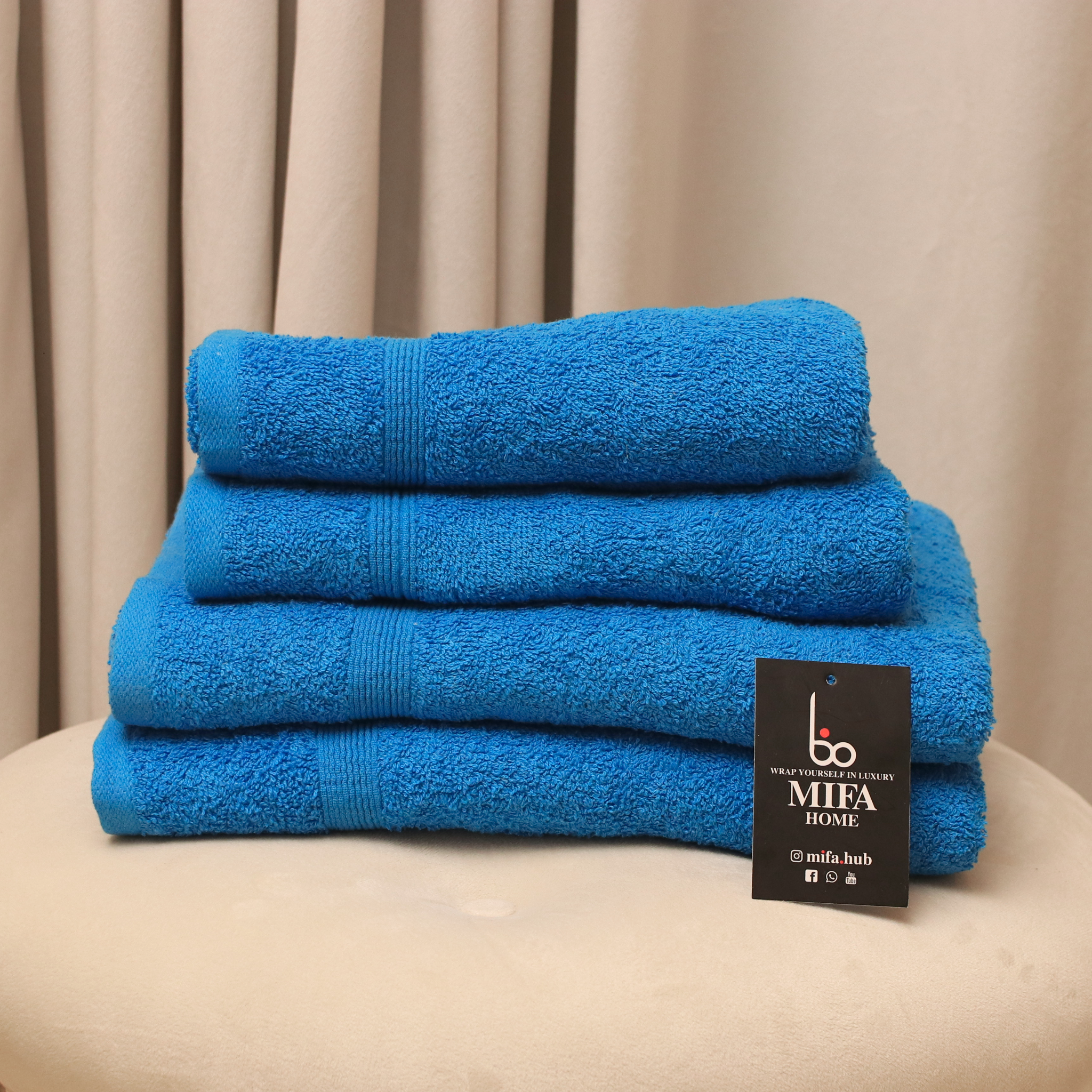 Blue Pack of 4 Luxury Cotton Towels- 2 Hand Towels & 2 Bath Towels