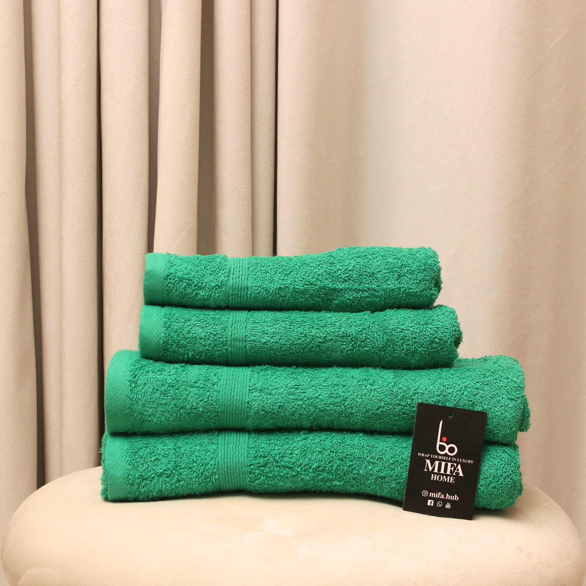 Green Pack of 4 Luxury Cotton Towels- 2 Hand Towels & 2 Bath Towels