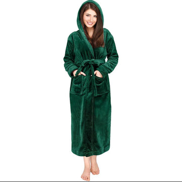 GREEN Unisex Soft Plush Fleece Hooded Bathrobe - Full-Length, Cozy Lounge Robe with Hood