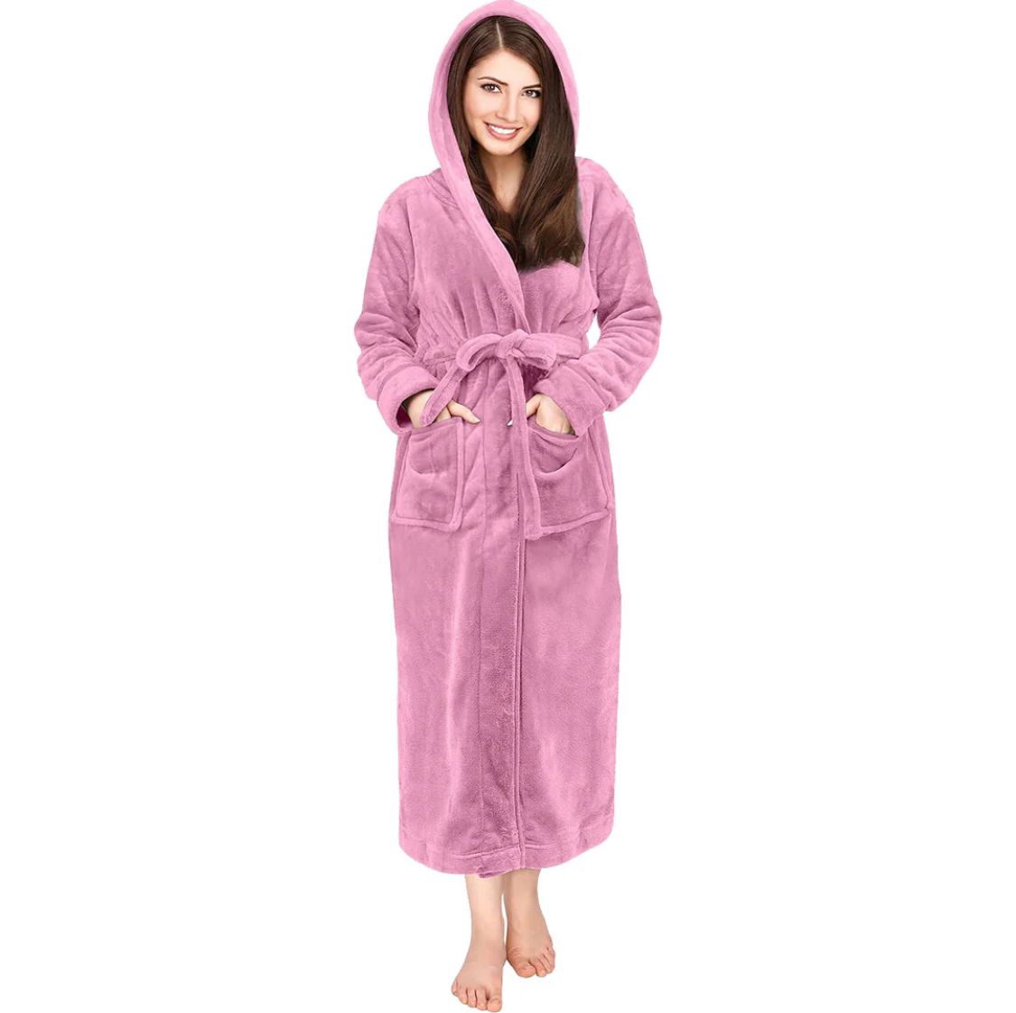 PINK Unisex Soft Plush Fleece Hooded Bathrobe - Full-Length, Cozy Lounge Robe with Hood