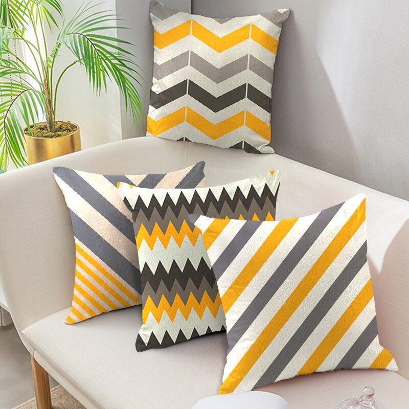 Yellow Grey Striped Cushion Cover Pack 4