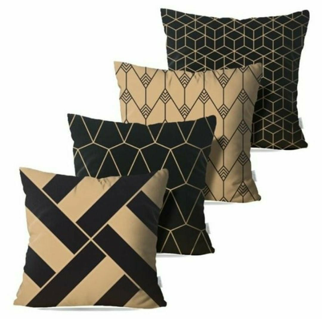 Elegant Gold Grid Printed Cushion Covers Pack of 4