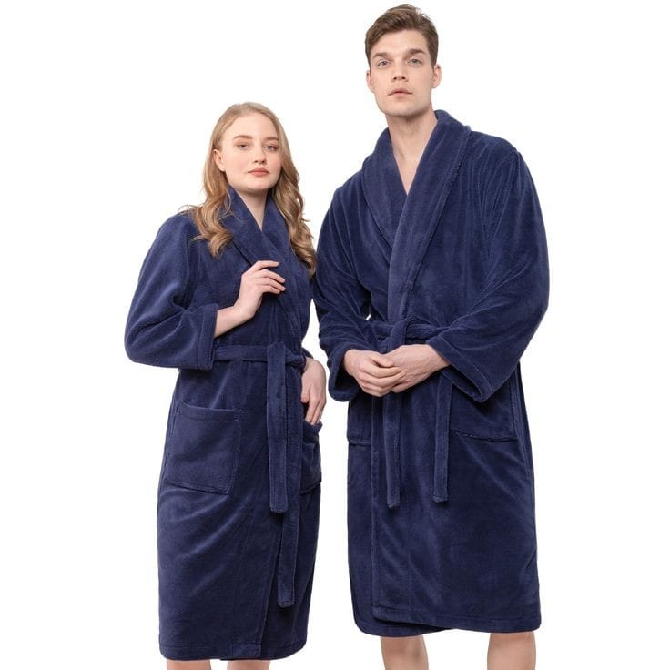 Navy Cotton Bathrobe with Elegant Scarf Collar