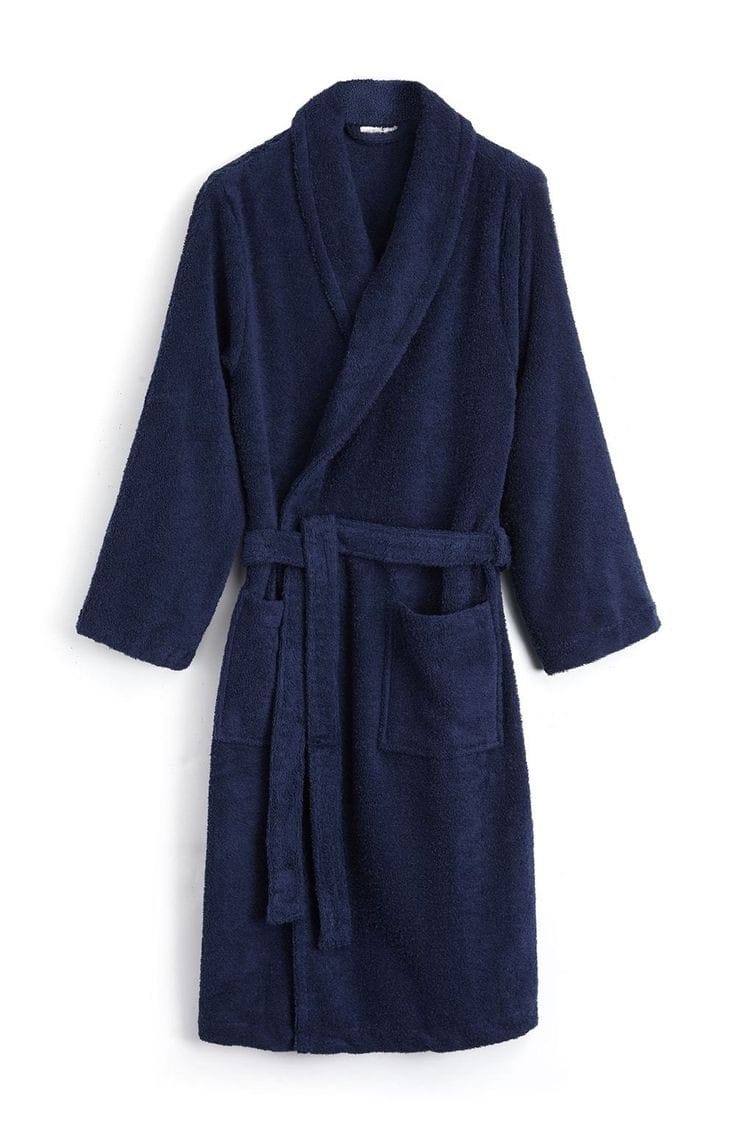 Navy Blue Cotton Bathrobe with Elegant Scarf Collar