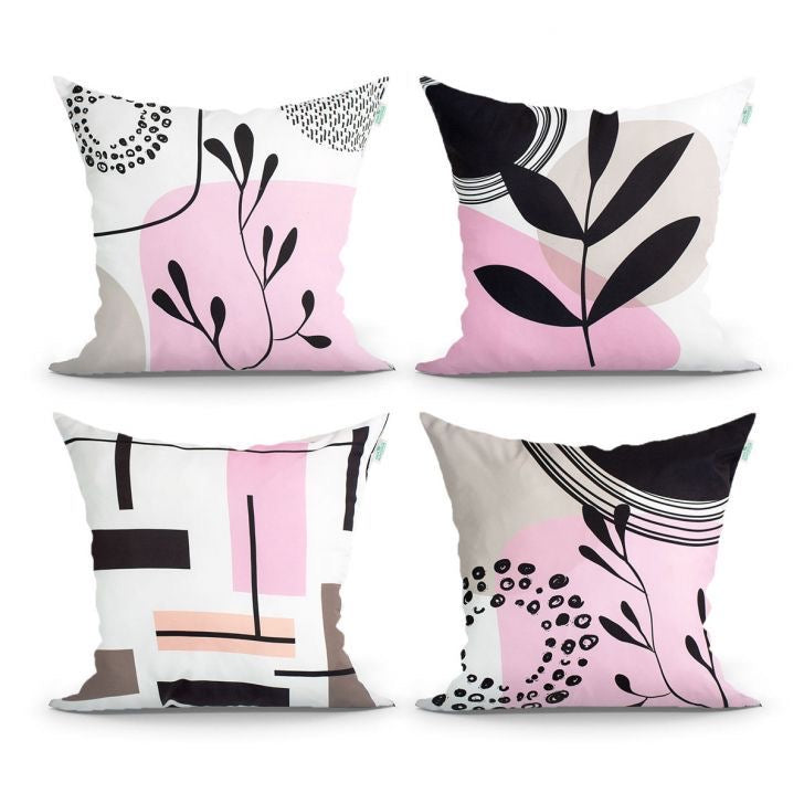 Modern Pink Leaf Printed Cushion Covers Pack of 4