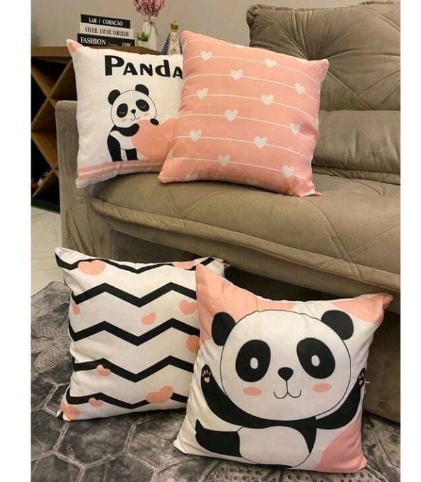 Pink & Black Panda Printed Cushion Covers Pack of 4