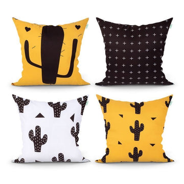 Yellow Black Cactus Printed Cushion Covers Pack of 4