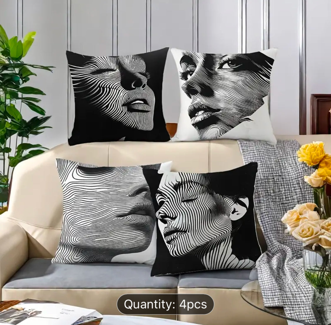 B&W Woman Art Printed Cushion Covers Pack of 4