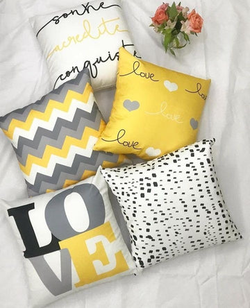 Yellow & Grey LOVE Printed Cushion Covers Pack of 5