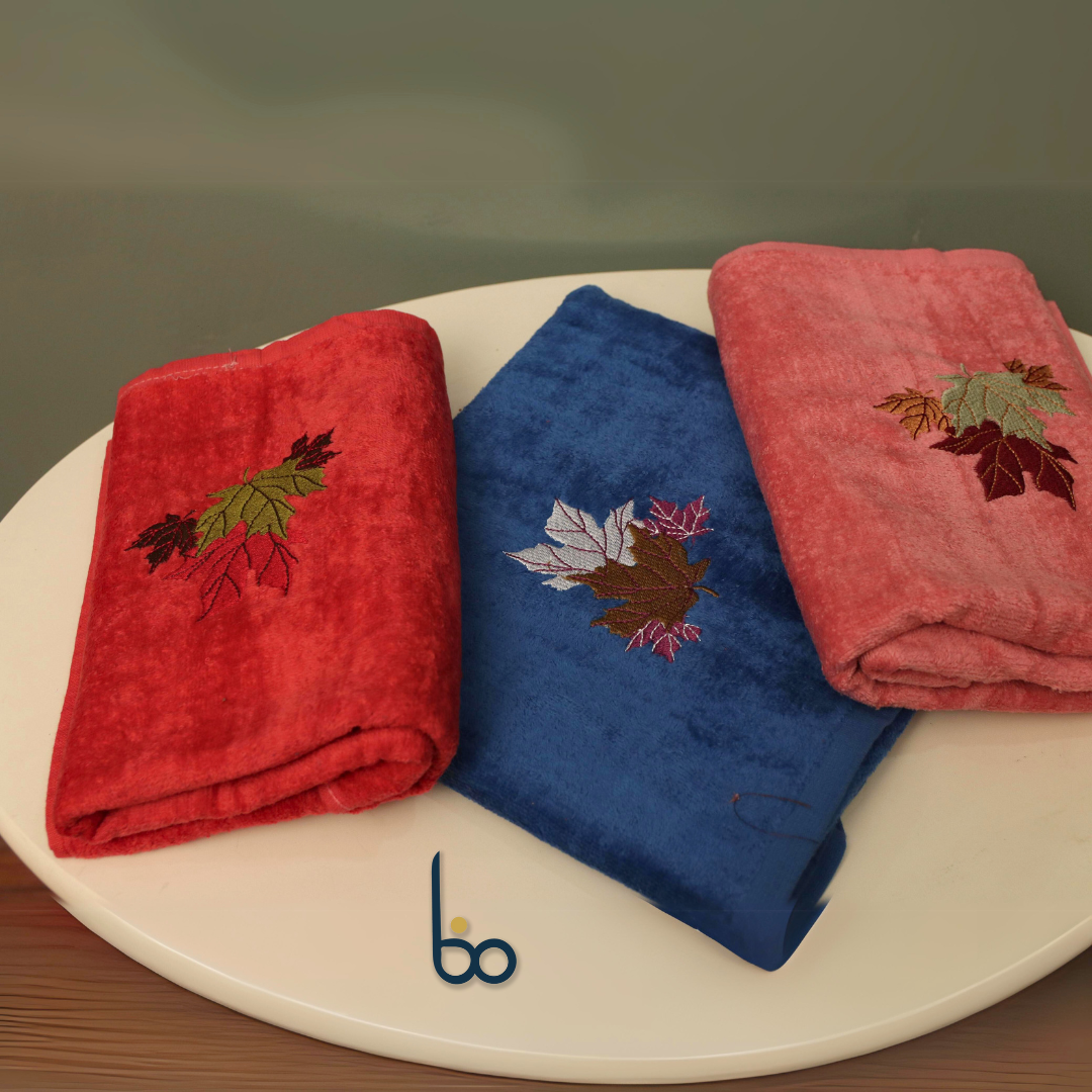 Leaf Embroidered Hand Towels - Set of 3 | 24x44 Inches | Premium Quality