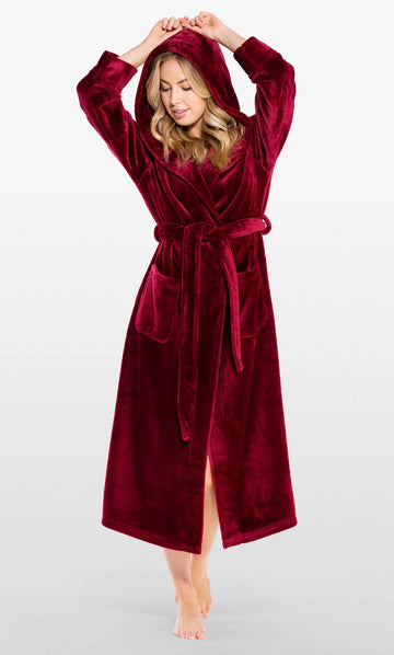 MAROON Unisex Soft Plush Fleece Hooded Bathrobe - Full-Length, Cozy Lounge Robe with Hood