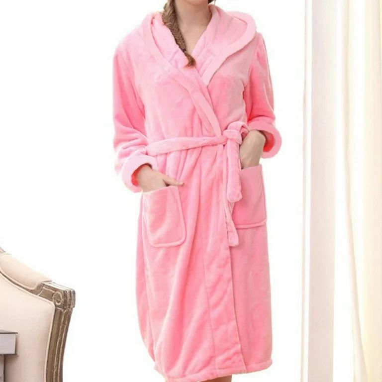 PINK Unisex Soft Plush Fleece Hooded Bathrobe - Full-Length, Cozy Lounge Robe with Hood