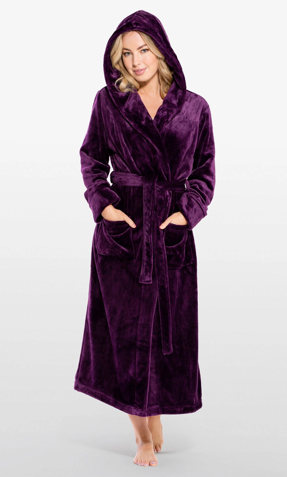 PURPLE Unisex Soft Plush Fleece Hooded Bathrobe - Full-Length, Cozy Lounge Robe with Hood