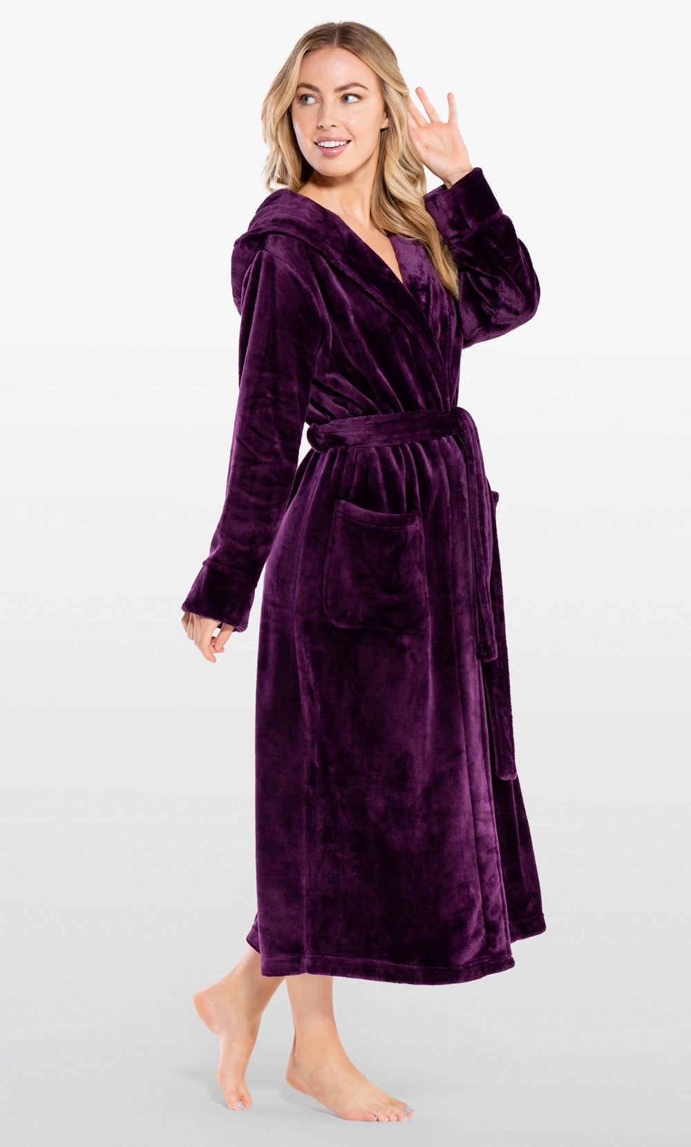 PURPLE Unisex Soft Plush Fleece Hooded Bathrobe - Full-Length, Cozy Lounge Robe with Hood