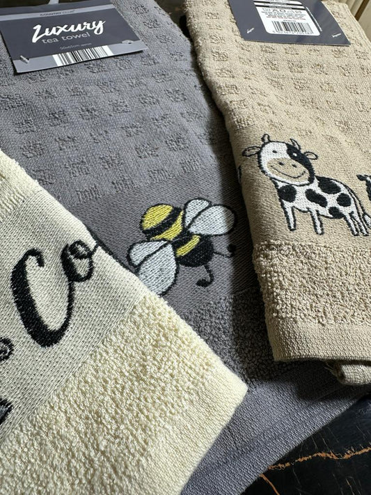 Mifa Hub Tea Towel - Cozy 'Coffee Time', Whimsical 'Farm Animal', and Sweet 'Honey Bees' Designs