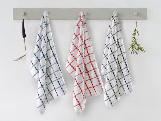 Mifa Terry Tea Towel - Luxurious Absorbent Kitchen Towels in Red, Black, and Green (Pack of 3)