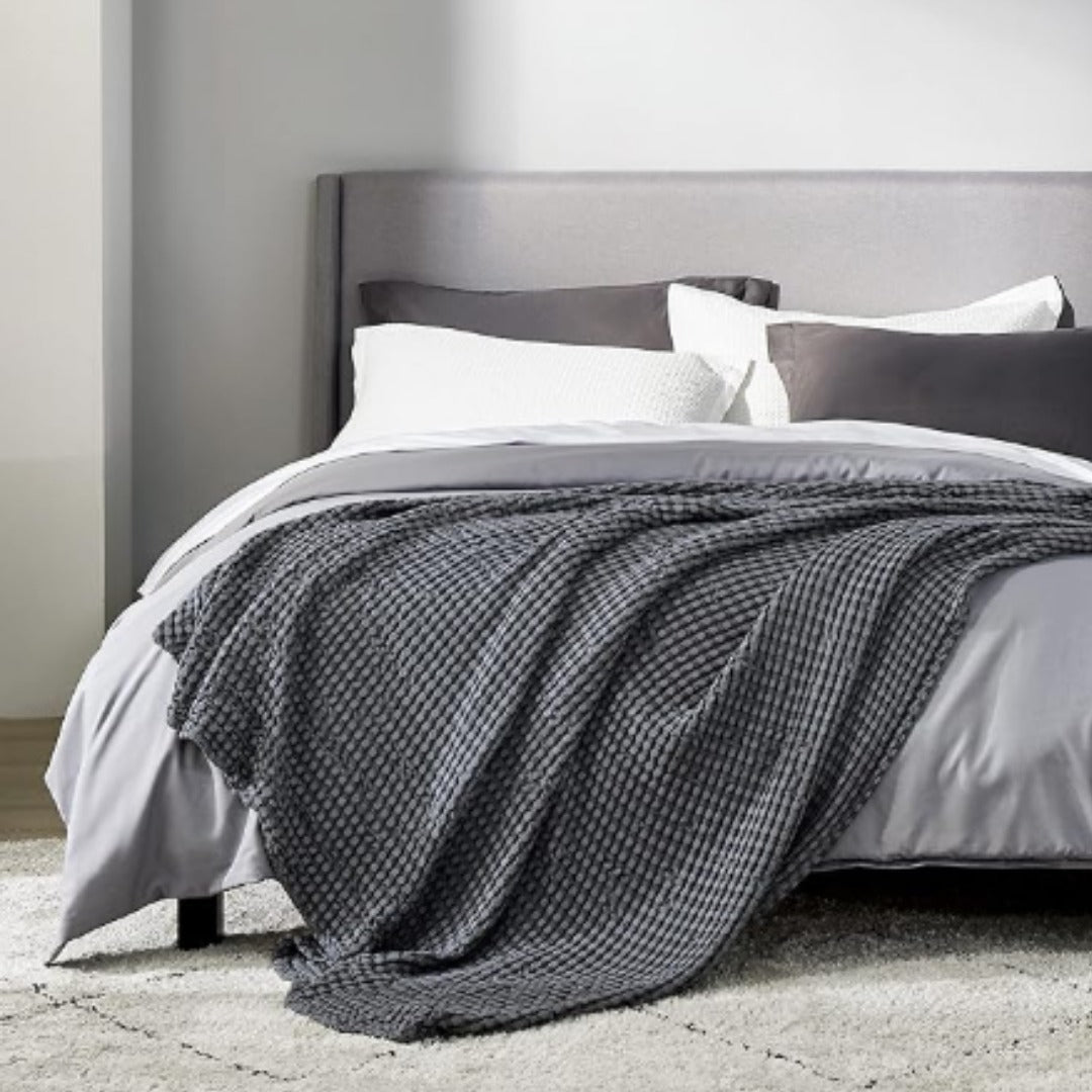 DARK GREY  Cooling Cotton Waffle Blanket – Lightweight, Breathable Summer Blanket