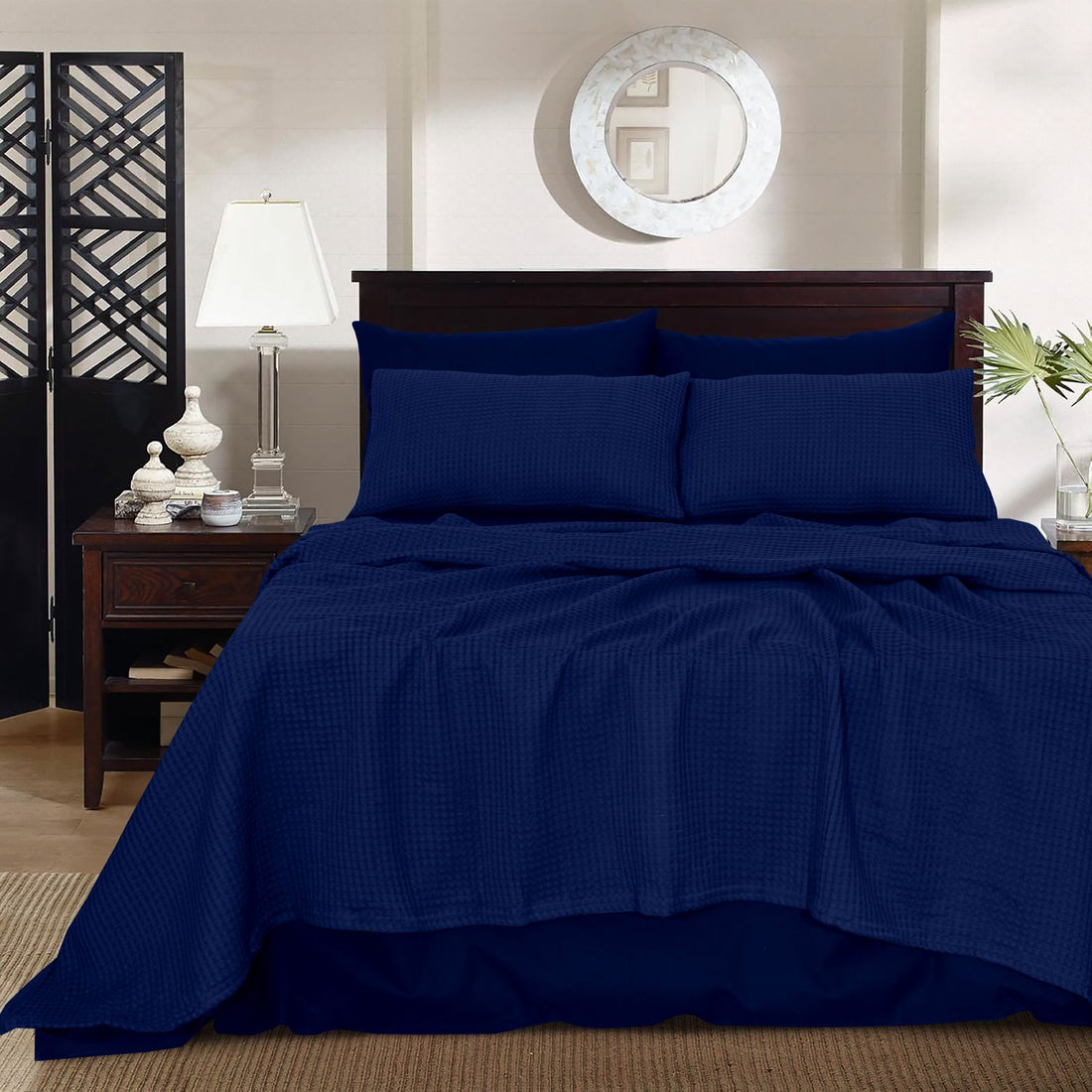 NAVY 6-Piece Bed in a Bag – Waffle Blanket & Plain Sheet Set-King Size