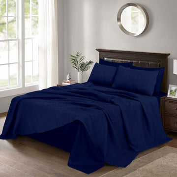 NAVY 6-Piece Bed in a Bag – Waffle Blanket & Plain Sheet Set-King Size