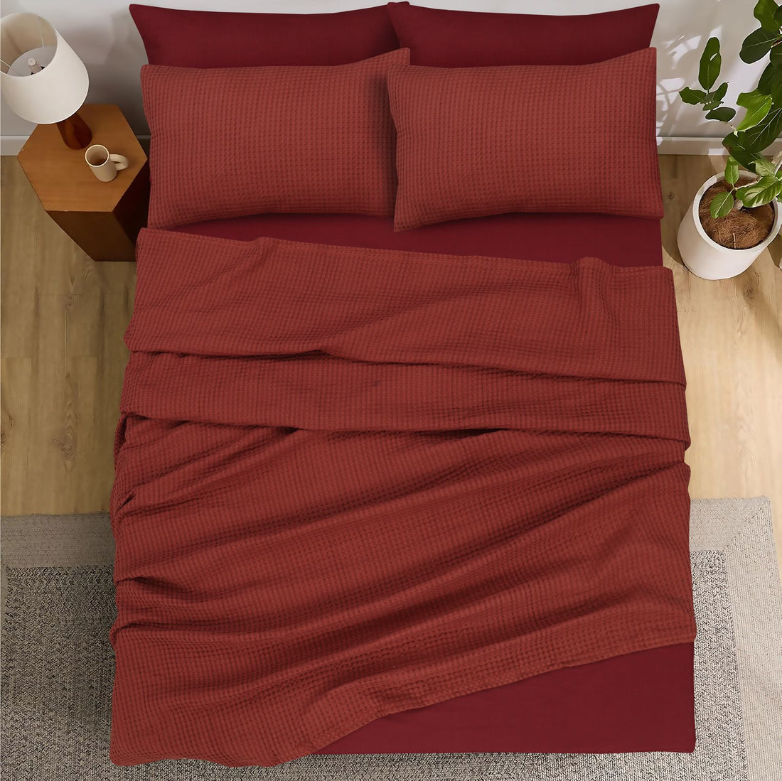 RUST 6-Piece Bed in a Bag – Waffle Blanket & Plain Sheet Set-King Size