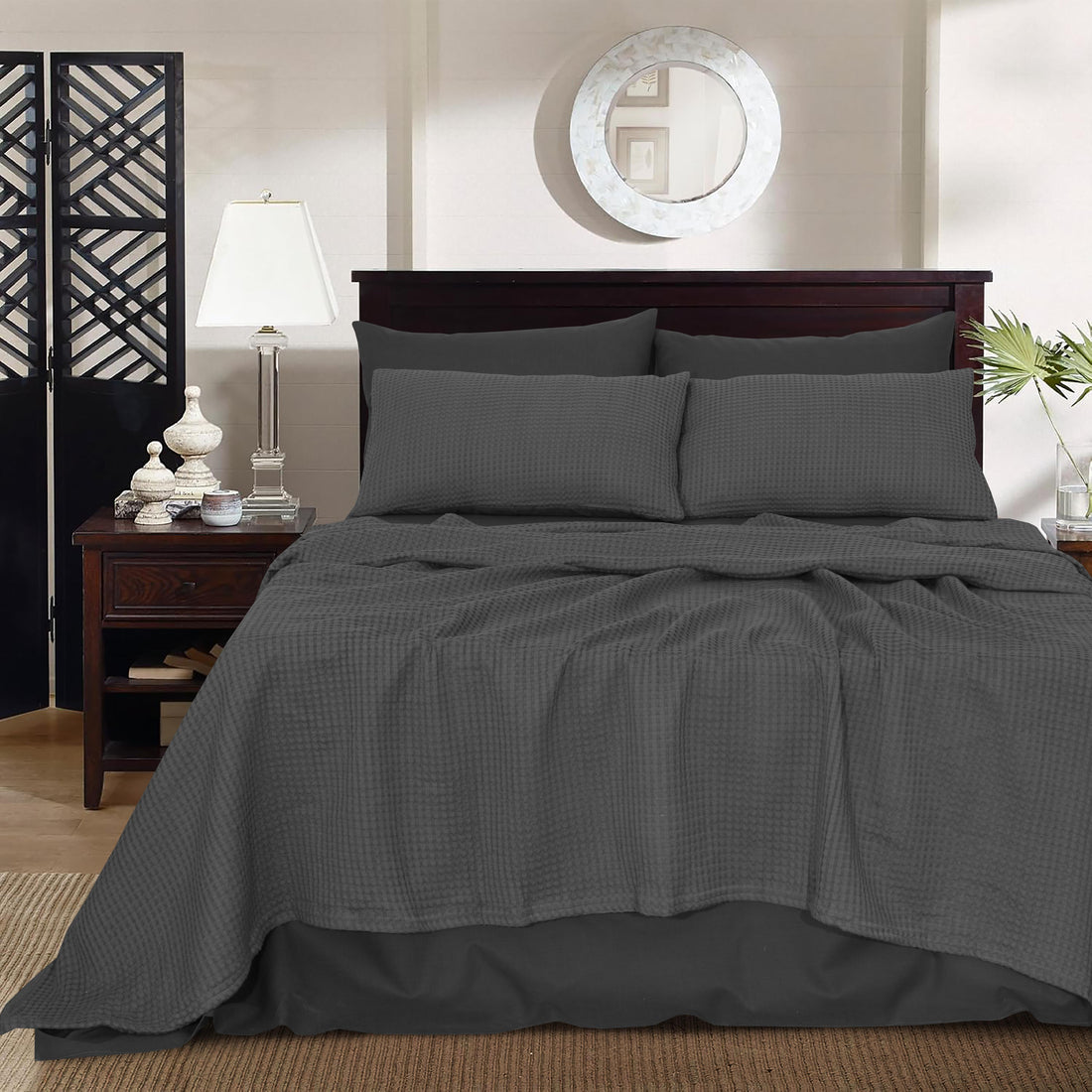 GREY 6-Piece Bed in a Bag – Waffle Blanket & Plain Sheet Set-King Size
