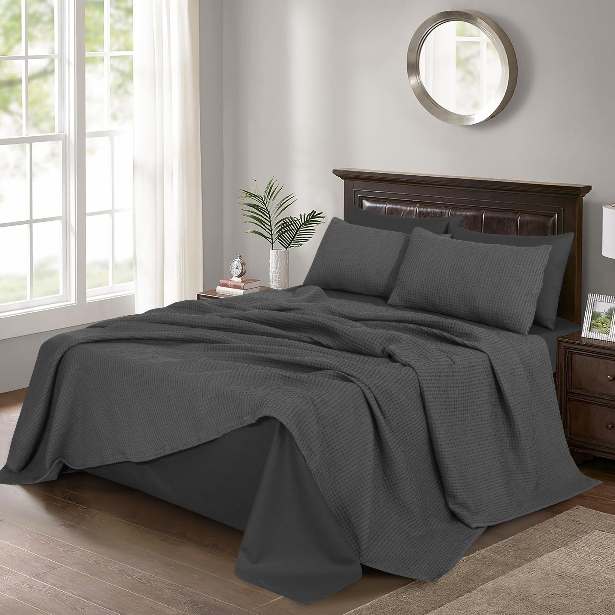 GREY 6-Piece Bed in a Bag – Waffle Blanket & Plain Sheet Set-King Size