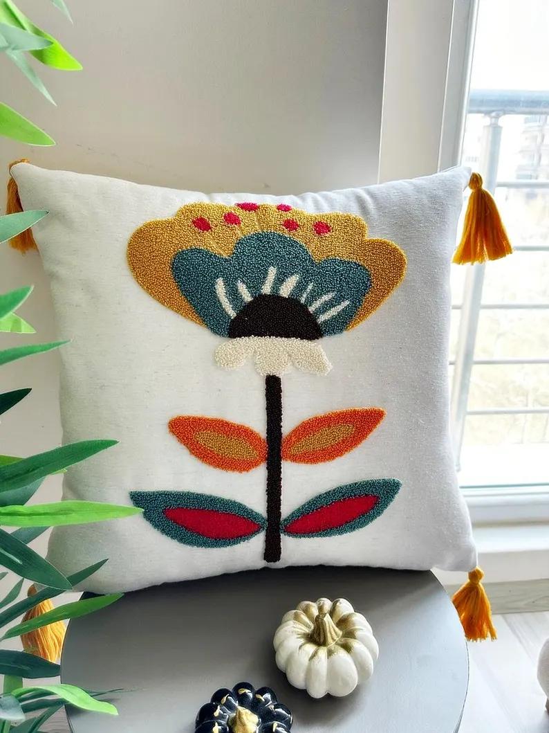 Set of 2 Floral Punched Needle Geometric Cushion Covers(18x18 inches)