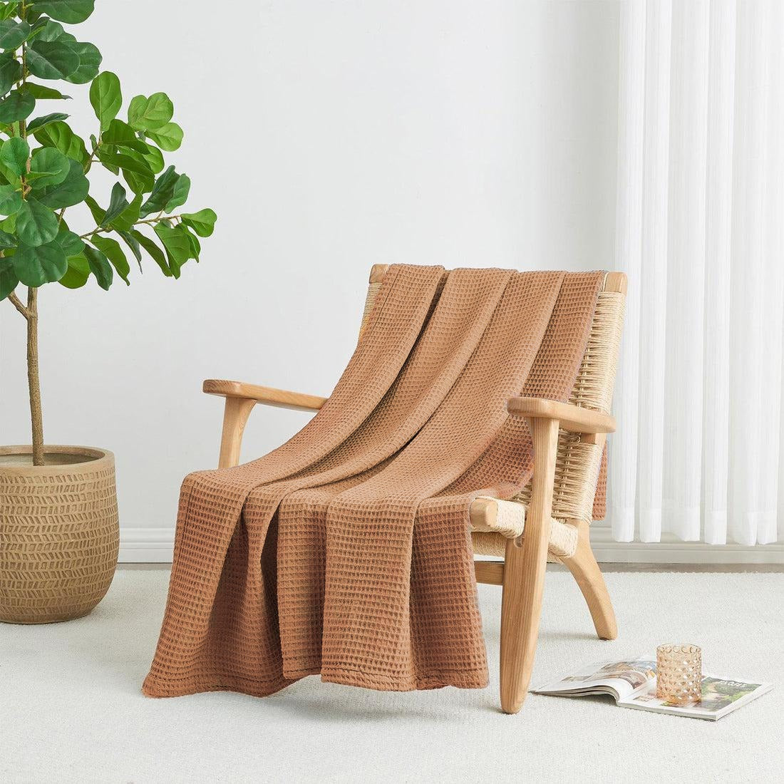 Beige Single Cotton Waffle Weave Blanket,Throw 72x90 inches